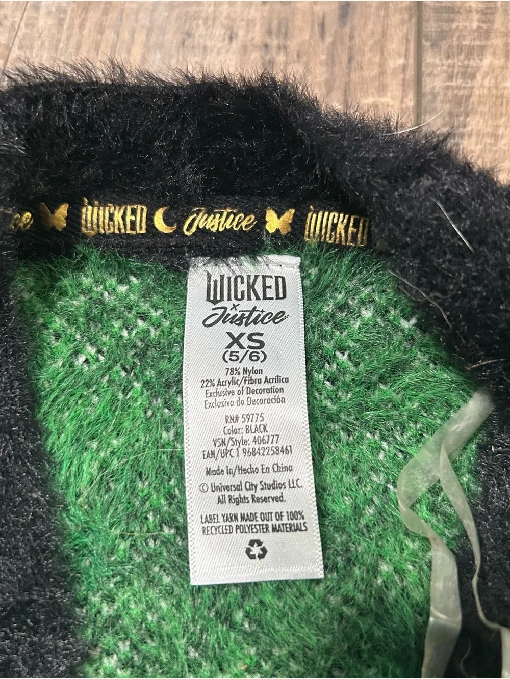 Wicked X Justice Cardigan Sweater Elphaba Green Fuzzy‎ Size XS 5/6